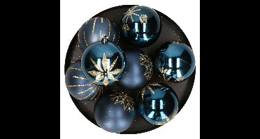 Gedecoreerde kerstballen - 8x st - 8 cm - kunststof - blauw/goud