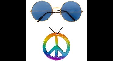 Hippie Flower Power Sixties verkleed set ketting met blauwe party bril