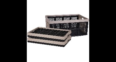 Inklapbare boodschappenkrat - 3x - opbergkrat - zwart/beige - 48 x 35 x 24 cm - vouwkrat - 32 liter