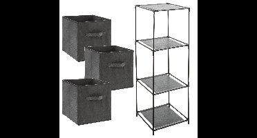 Kastmandjes/opberg mandjes - donkergrijs velours - 3x stuks van 29 Liter - In rekje van 34 x 98 cm