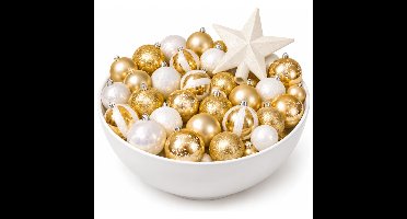 Kerstballen - 60x - wit met goud mix - inclusief ster piek - wit - kerstversiering