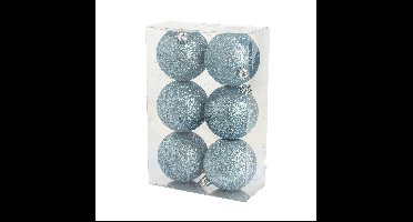 Kerstballen - 6x st - ijsblauw - glitters - D8 cm - kunststof - kerstversiering