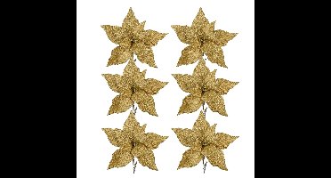 Kerstboom bloemen op clip - 6x stuks - goud - 18 cm - polyester fluweel - kerstster