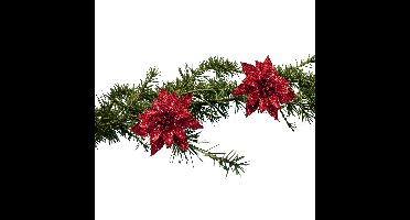 Kerstboomversiering bloemen op clip - 2x st - rood - 8 cm - glitters - kunststof