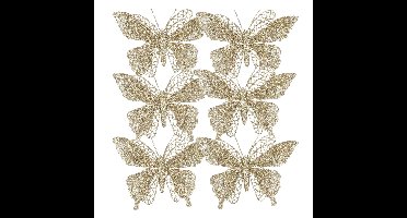 Kerstboomversiering Vlinder - 6x stuks - 16 cm - champagne glitter - op clip
