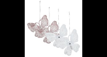 Kersthangers vlinders - 4x st - transparant met roze en wit - 15 cm - kunststof
