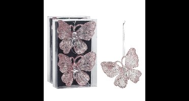 Kersthangers vlinders - 4x -transparant met roze glitter -15cm -kunststof