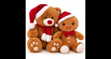 Kerstknuffels - beer 34 cm - en peperkoekmannetje 25 cm - pluche - knuffeldieren