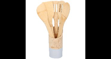 Keukengerei 5-delig 30 cm in houder naturel/grijs van bamboe