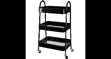 Keukentrolley/plateau kast - zwart - metaal - 79 x 44 x 32 cm - 3 niveaus - draadmanden