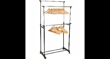Kledingrek incl 8x kledinghangers - op wieltjes - dubbele stang - verstelbaar - 160 cm - metaal