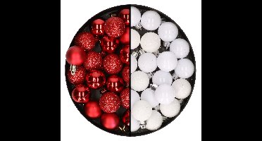 Kleine kunststof kerstversiering 40x stuks set en 3 cm kerstballen in het wit en rood