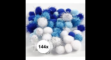 Knutsel pompons - 144x - wit/blauw - 15-20 mm - hobby bolletjes - ponpons