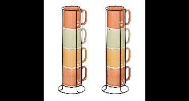 Koffiemokken Earth - 8x stuks in metalen rekje - Keramiek - glans afwerking - 340 ml - 7 x 9 cm