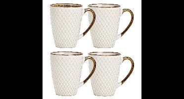 Koffiemokken Marbella - 4x stuks - Keramiek - wit/goud - 300 ml - 8 x 11 cm