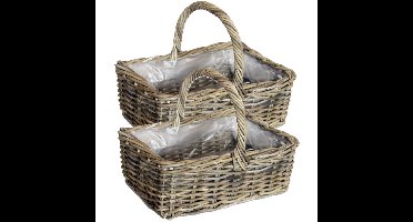 Mand met hengsel - 2x - bruin - 40 x 28 x 30 cm - rotan - gevlochten riet - hengselmand
