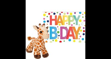 Pluche dieren knuffel giraffe 18 cm met Happy Birthday wenskaart