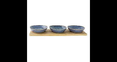 Serveerplank/borrelplank hapjes/saus/tapas - keramiek - blauw - incl. 3x schaaltjes