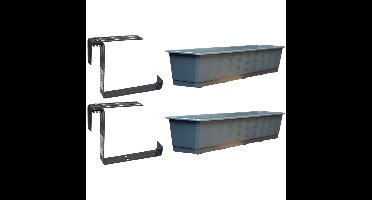 Set van 2 kunststof plantenbakken grijs rechthoekig 80 cm met 4 verstelbare railing beugels