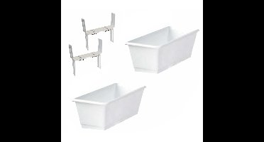 Set van 3 kunststof plantenbakken wit rechthoekig 40 cm met 6 verstelbare balkon/muurbeugels