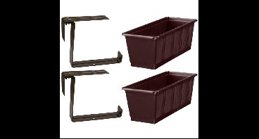 Set van 4 kunststof plantenbakken bruin rechthoekig 60 cm met 8 verstelbare railing beugels