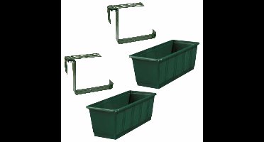 Set van 4 kunststof plantenbakken donkergroen rechthoekig 60 cm met 8 verstelbare railing beugels