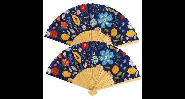 Spaanse hand waaier - 2x - Bloemen - blauw - 21 cm - bamboe/papier