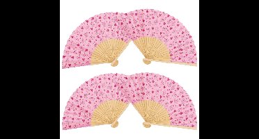 Spaanse hand waaier - 4x - Strik/hart - licht roze - 21 cm - bamboe/papier