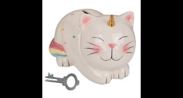 Spaarpot eenhoorn kat/poes met slotje - 17 x 12 cm - Unicorn katten/dieren spaarpotten - meisjes