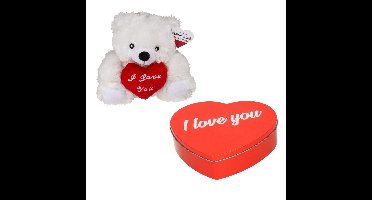 Valentijnsdagcadeau - snoepblik en knuffelbeer - rood - i love you - cadeau