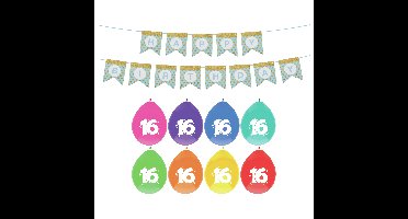 Verjaardag 16 jaar geworden versiering - 16x thema ballonnen - 1x Happy Birthday slinger 300 cm