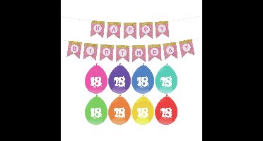 Verjaardag 18 jaar geworden versiering - 16x thema ballonnen - 1x Happy Birthday slinger 300 cm