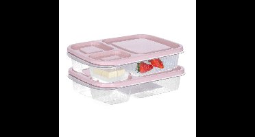 Vershoudbakje/lunchbox - 2x - luchtdicht - 3 vakjes - lichtroze - kunststof - broodtrommel -24 x 15