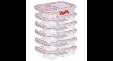 Vershoudbakje/lunchbox - 6x - luchtdicht - 3 vakjes - lichtroze - kunststof - broodtrommel -24 x 15