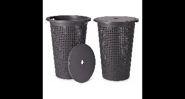 Wasmand met deksel - 2x - donkergrijs - 35 liter - 40 x 52 cm - kunststof - rond