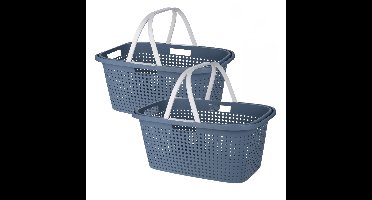Wasmand met hengsel - 2x stuks - 38 liter - 60 cm - blauw/wit - Draagwasmanden - Wasgoedmand