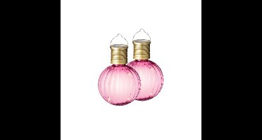 2x Buiten Led roze lampion solar verlichting 11 cm
