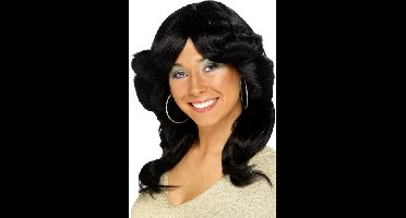 Carnaval verkleed pruik voor dames - zwart - Seventies stijl - lang haar - golvend