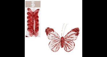 Decoratie vlinders op clip - 6x stuks - rood/wit - 10 cm - organza