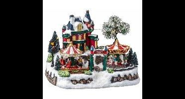Feeric Christmas Kerstdorp kerst tafereel - draaimolens -met beweging en licht - 30 cm