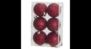 Kerstballen - 6x st - rood - glitters - D6 cm - kunststof - kerstversiering