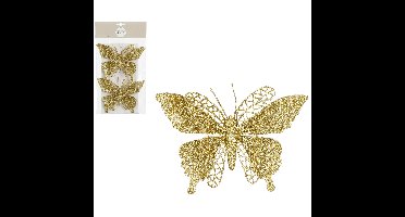 Kerstboomversiering Vlinder - 2x stuks - 16 cm - goud glitter - op clip