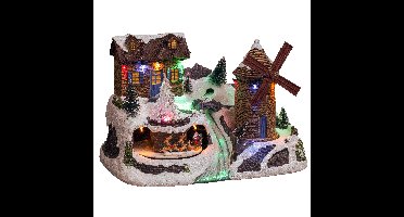 Kerstdorp kerst tafereel - geanimeerde huis en molen - met led verlichting - 31 cm