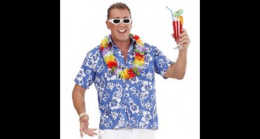 Verkleedblouse Tropisch/Hawaii - blauw - witte bloemen - bloemenprint