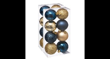 16x stuks kerstballen mix blauw/champagne glans en mat kunststof 7 cm