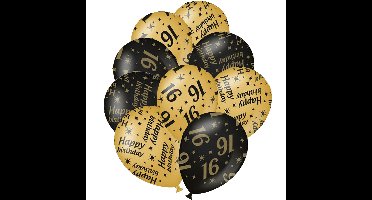 24x stuks leeftijd verjaardag ballonnen 16 jaar en happy birthday zwart/goud