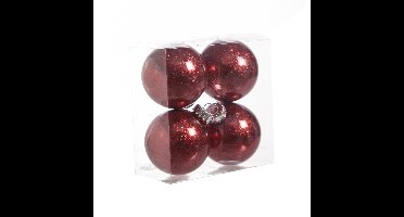 4x stuks kunststof kerstballen met glitter afwerking rood 8 cm