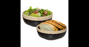 5Five - 2x - serveerschaal/saladeschaal - zwart - bamboe - 20 x 8 cm - rond