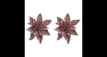 5x Kerstboomversiering op clip donker beige glitter bloem 15 cm