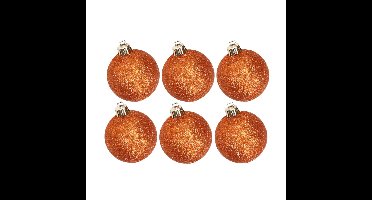 6x stuks kunststof glitter kerstballen oranje 6 cm